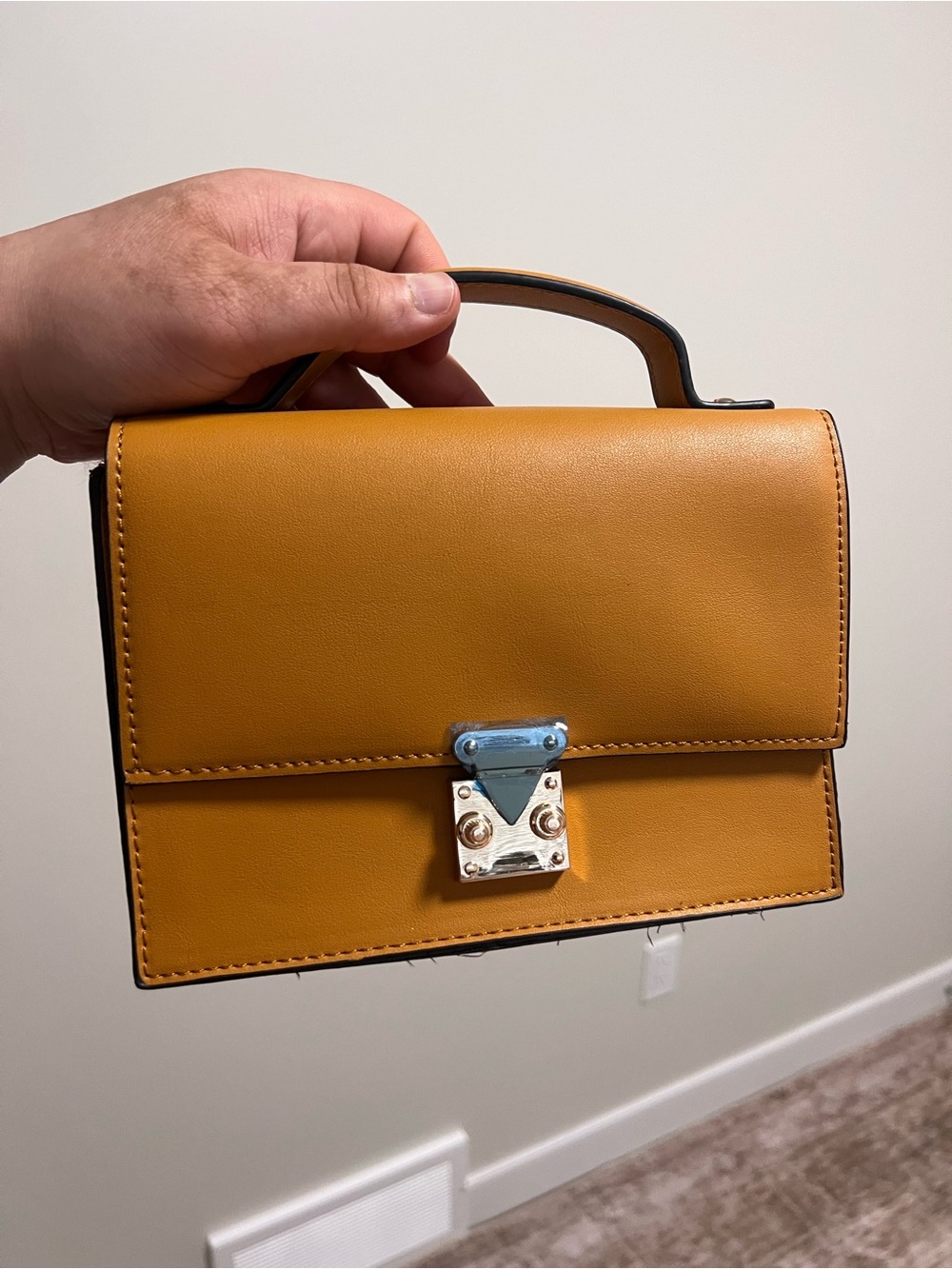 Structured Mini Top-Handle Bag in Mustard Yellow with Gold-Tone Lock